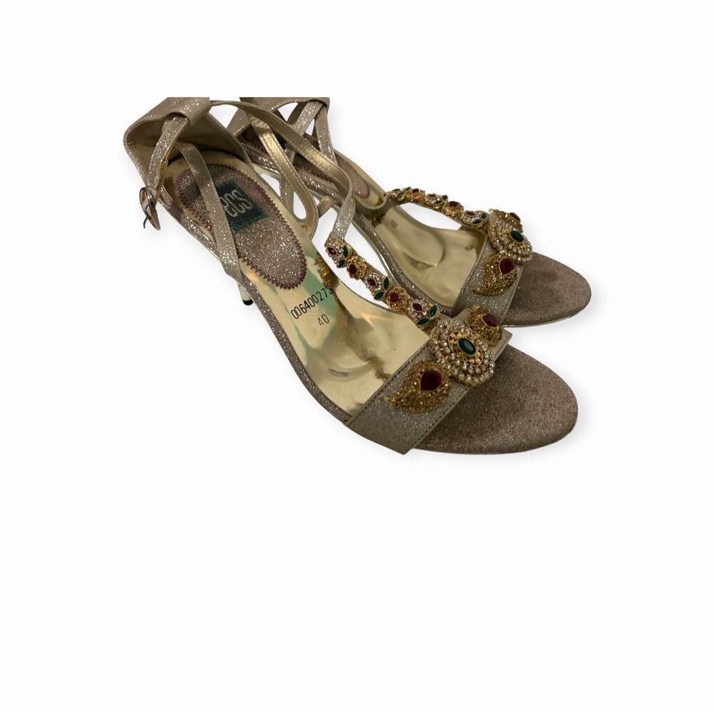 Gold Glitter Size 9 Brand ECS red And Green Stones, Gold Bottom Strap Heels
